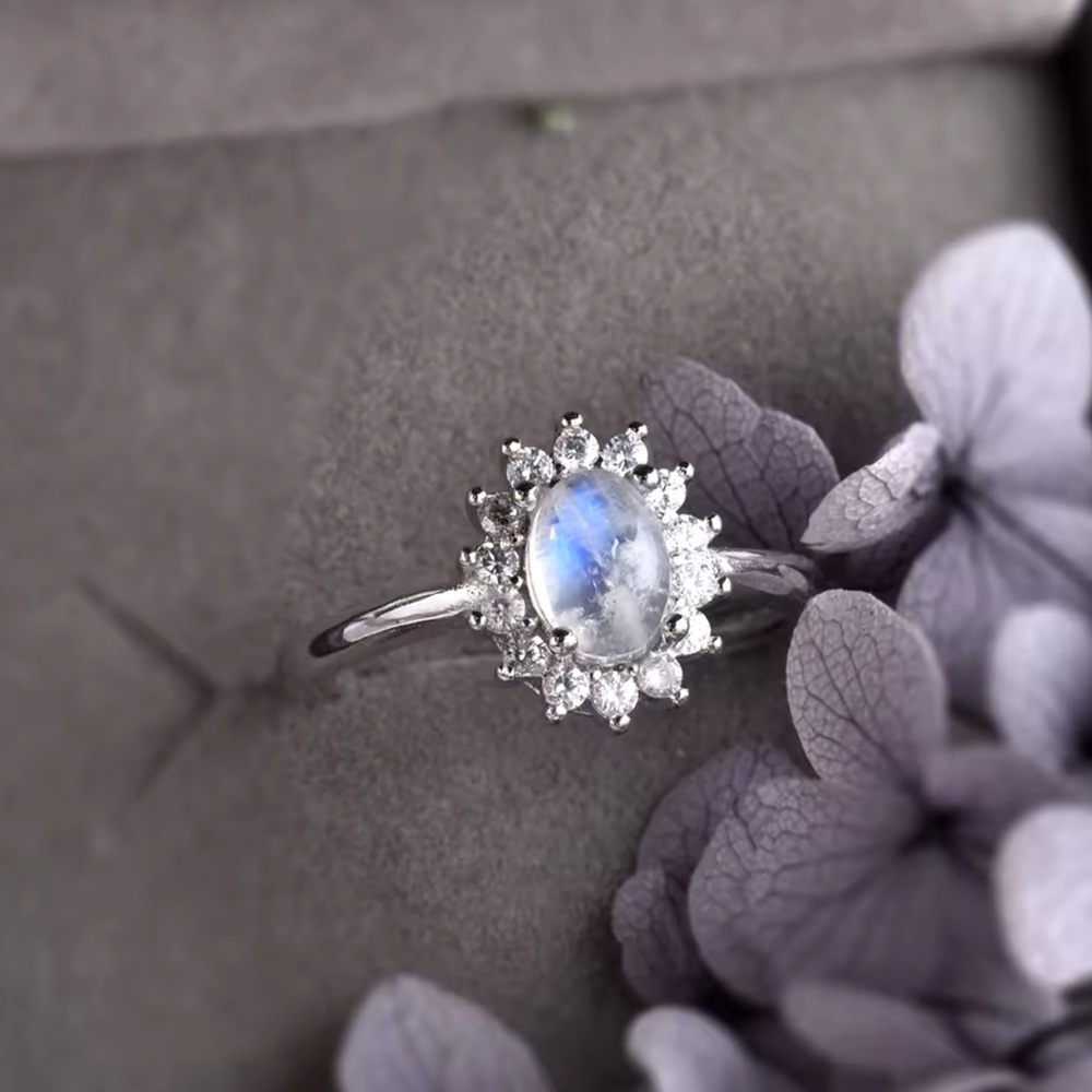 Authentic Blue Flashy Moonstone Ring Silver - Adjustable Open Ring